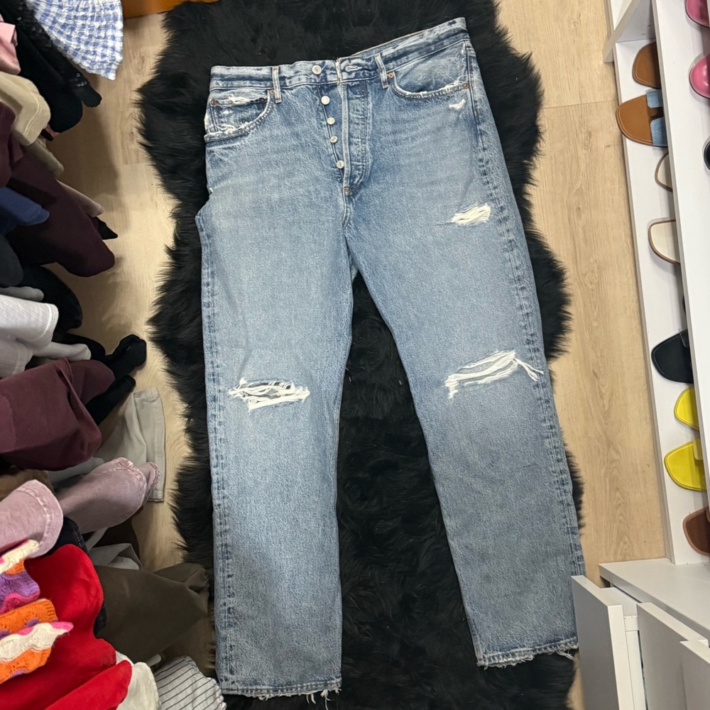 Agolde Light Blue Distressed Straight Leg Jeans